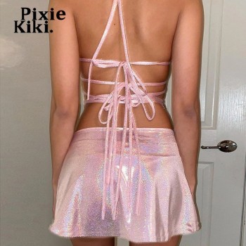 Pink See Through Two 2 Piece Sets Spaghetti Strap Backless Low Cut Crop Tops Bandage Side Slit Skirt 